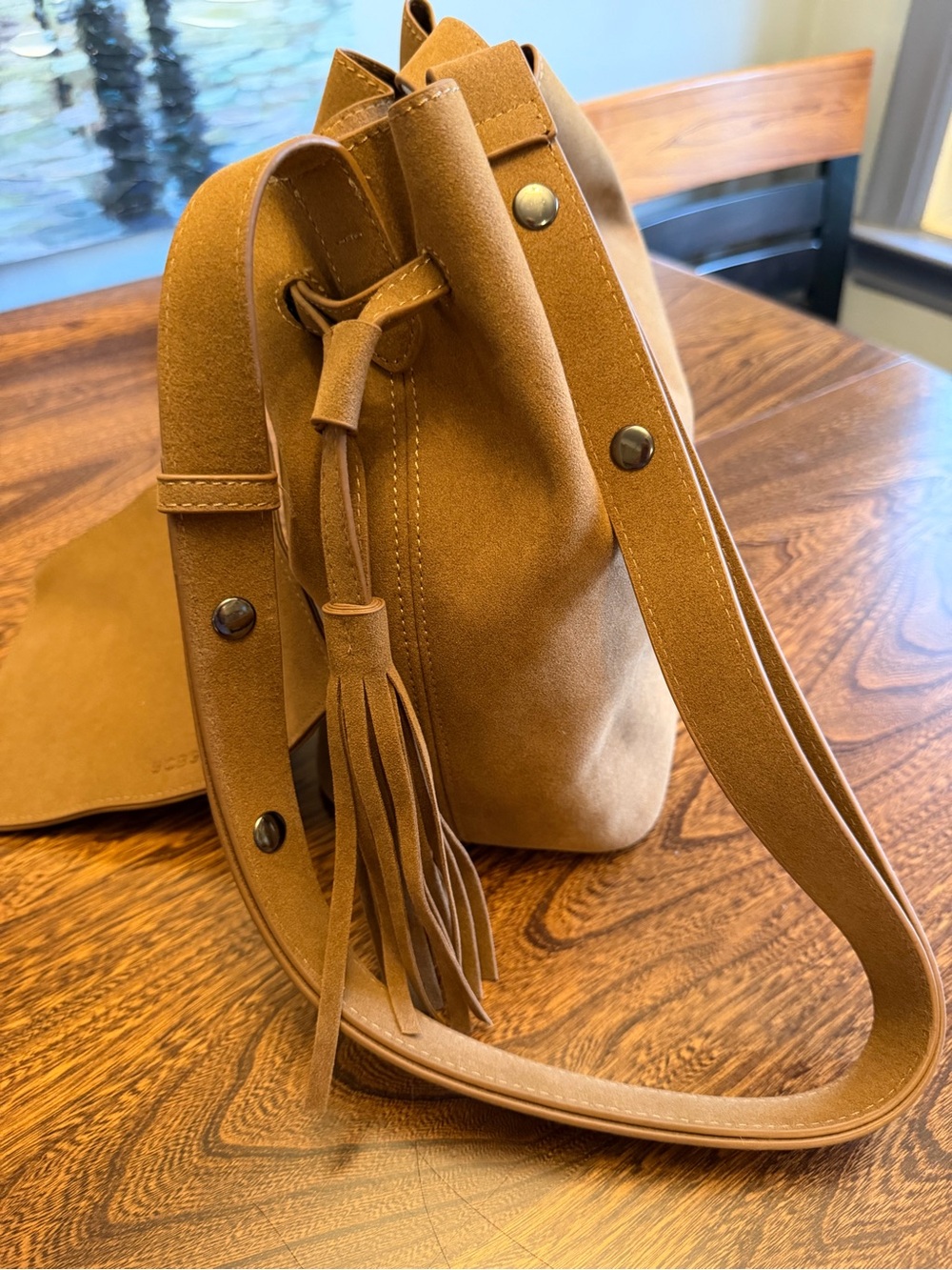 BCBG MaxAzria Faux Suede Bucket Shoulder Bag in Tan - Picture 5 of 8
